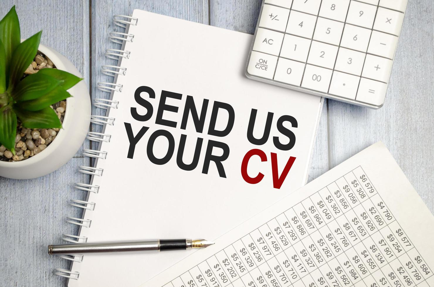 white notebook, charts, pen and send us your cv words photo