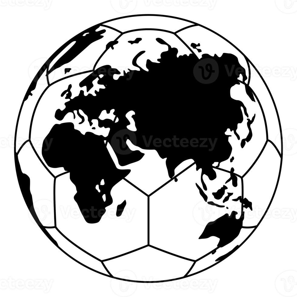 World Map on the Foot Ball Silhouette for Icon, Symbol, Pictogram, Sport News, Art Illustration, Apps, Website or Graphic Design Element. Format PNG