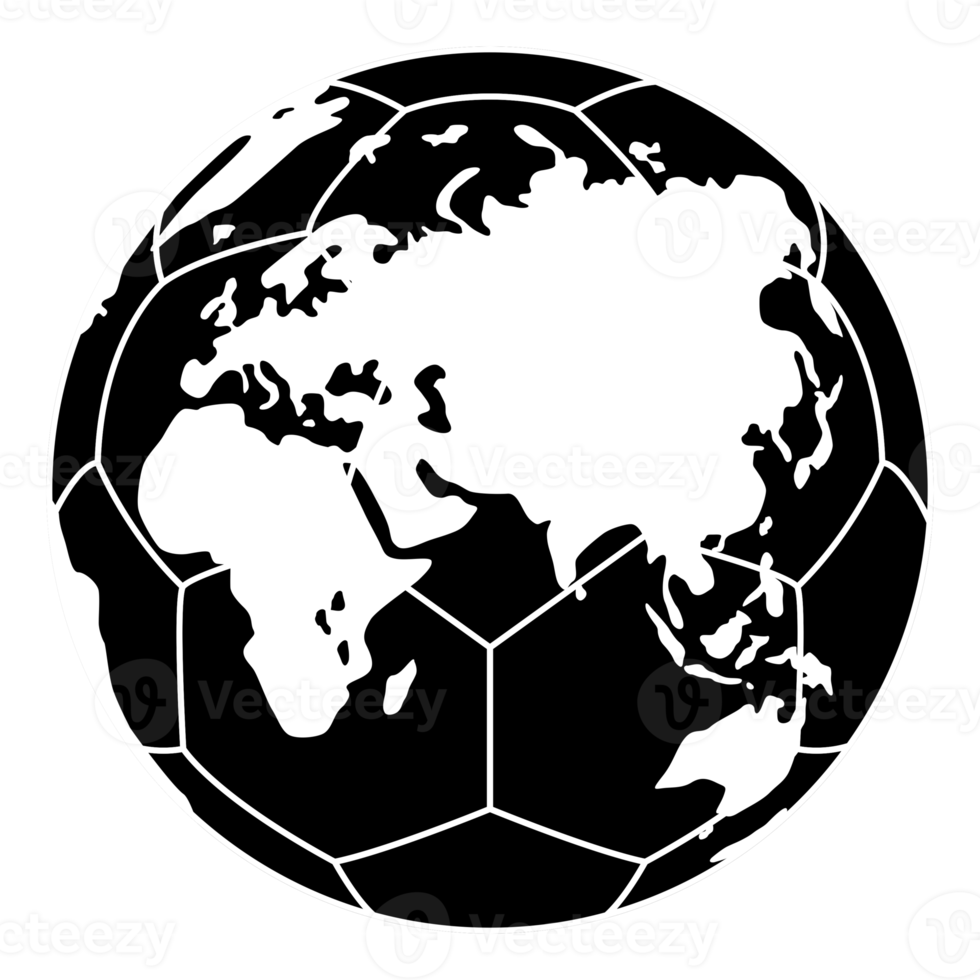World Map on the Foot Ball Silhouette for Icon, Symbol, Pictogram, Sport News, Art Illustration, Apps, Website or Graphic Design Element. Format PNG