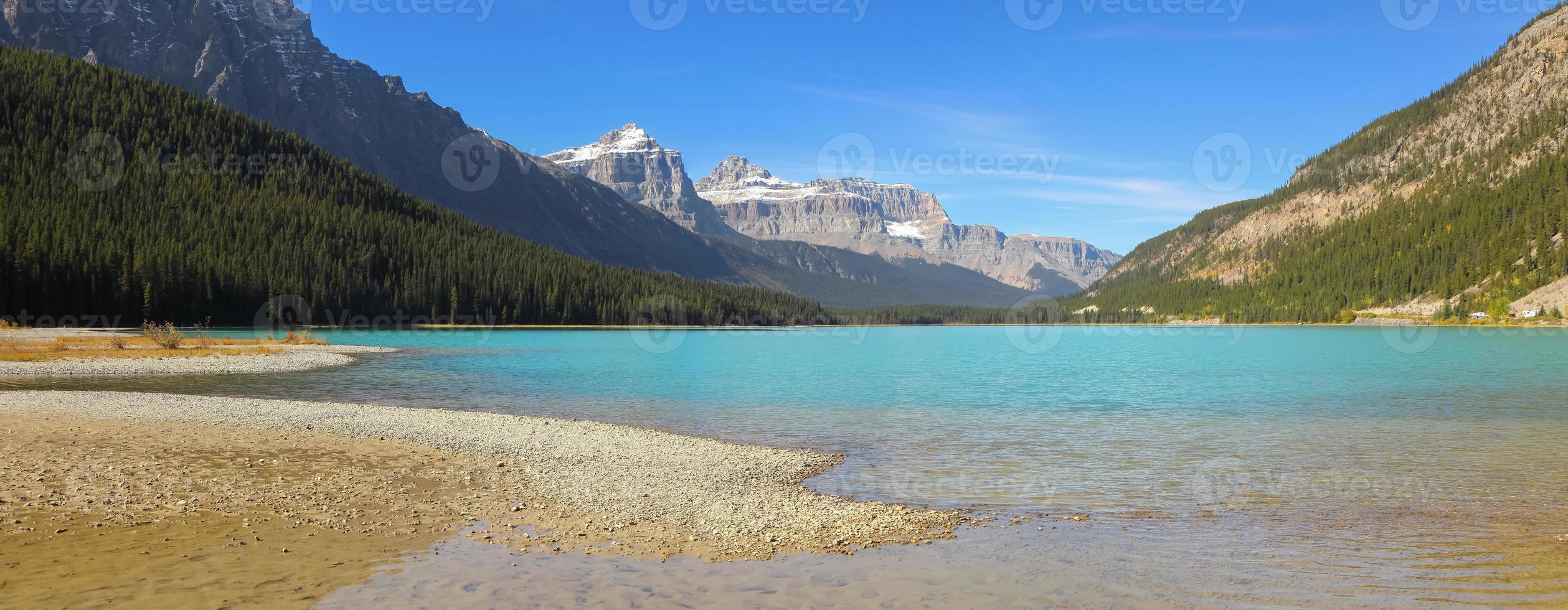 Panoramic view of Canadian rocky mountains , around scenic Bow lake in Banff national park. photo