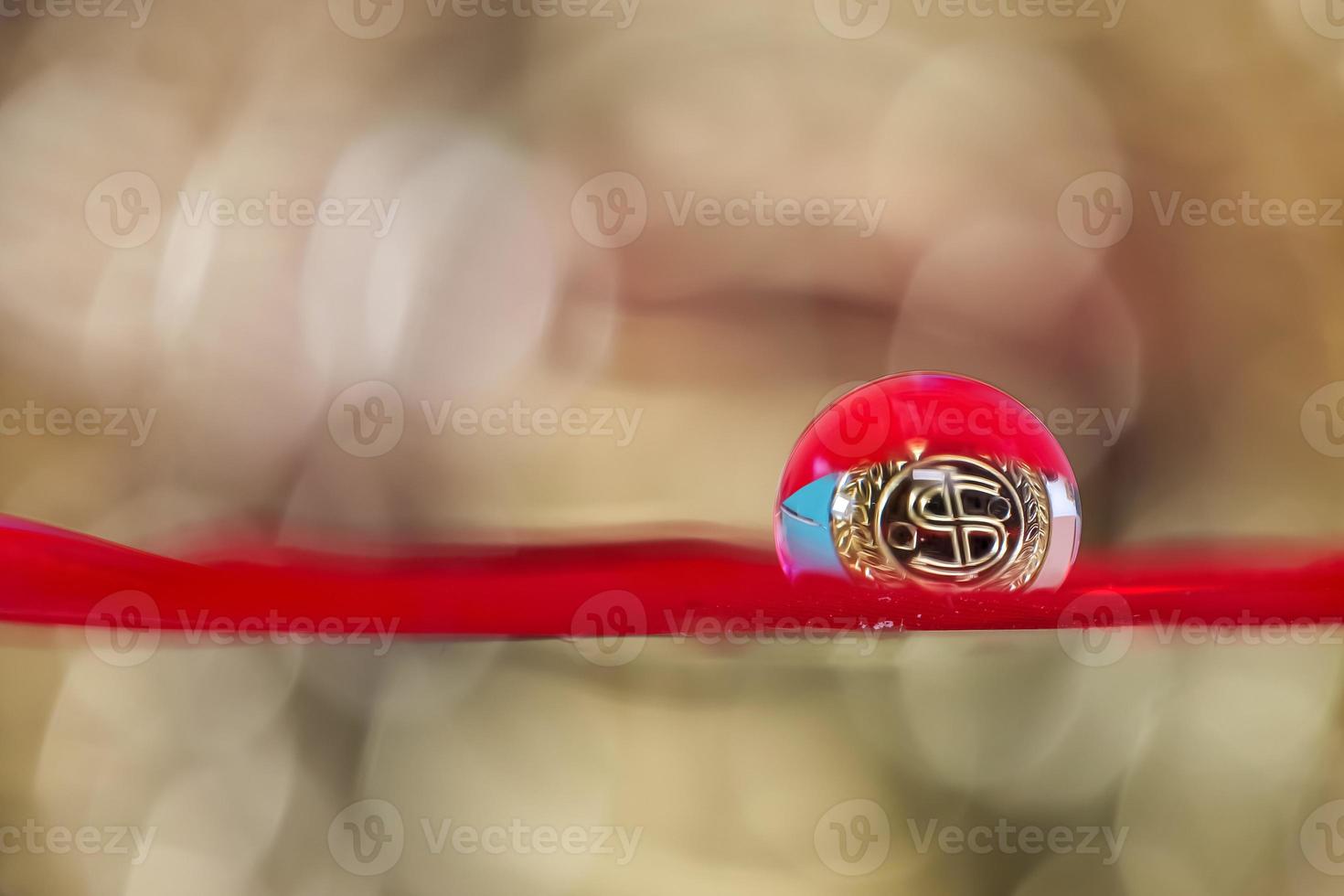 primer plano de una sola gota de agua en una pluma roja con refracción del símbolo del dólar dorado en el interior. foto