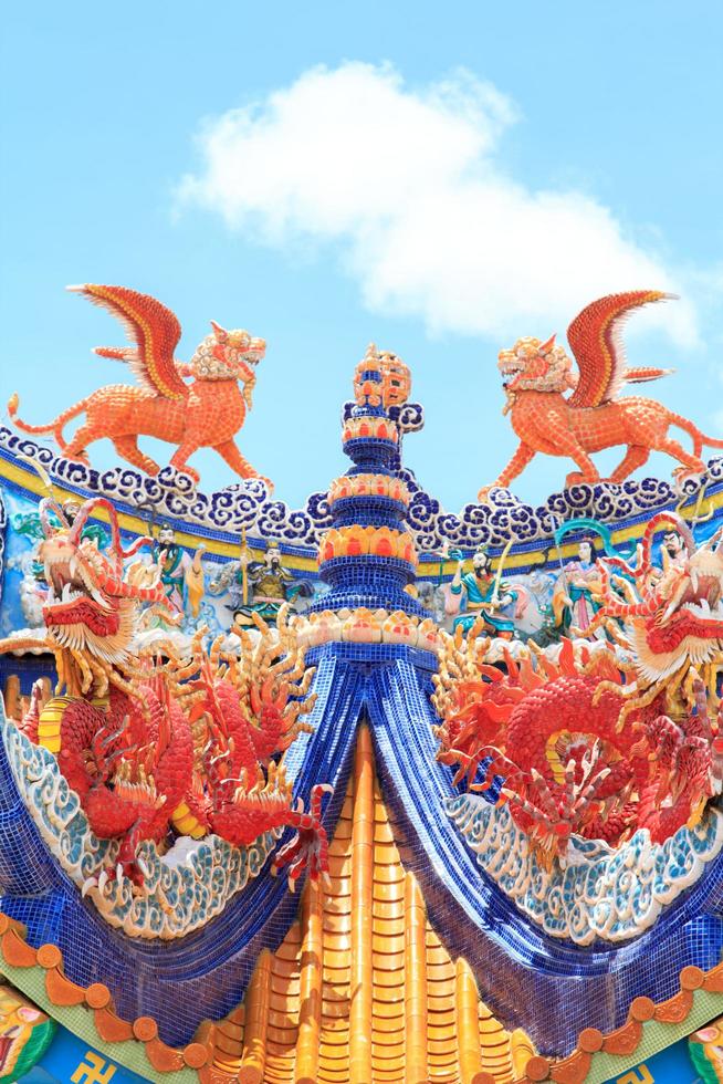 The entrance arches of Chinese temples feature statues of dragons and flying tigers, mythical creatures in Chinese literature, often adorned in temples, and on the roofs are beautiful sculptures photo