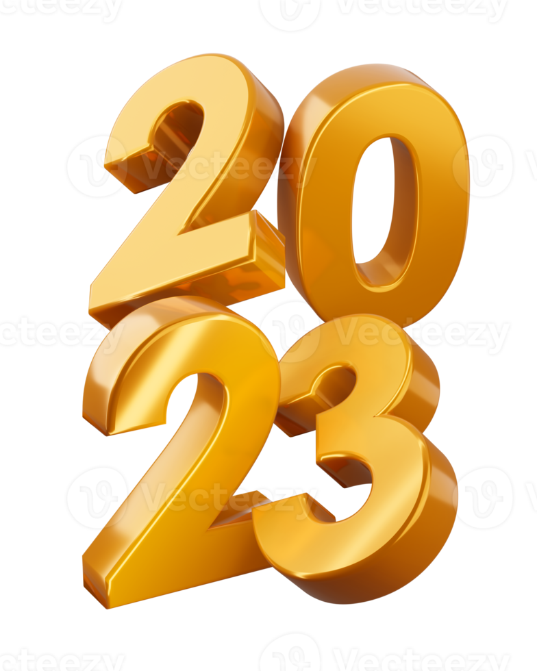 Gold 2023, happy new year two thousand twenty three, 3d rendering png