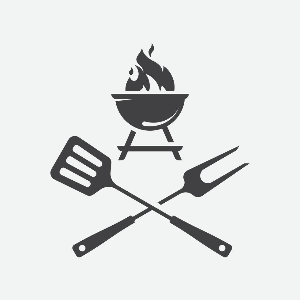 barbacoa con icono de llama, signo de parrilla icono de carne y comida, símbolo de icono de barbacoa de tenedor y espátula, icono de barbacoa signo de ilustración vectorial vector