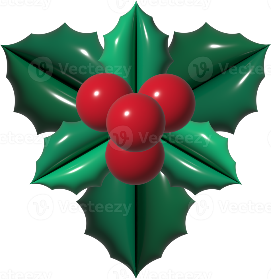 3d realistic green branch of a mistletoe with leaves and red berries. Floral sprig of colorful elegant Christmas poinsettia for seasonal decoration. Stylized 3d render icons of botany png