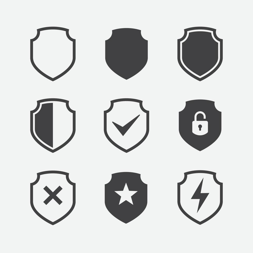 conjunto de iconos de seguridad simple, conjunto de iconos de escudo, conjunto de iconos de escudo simple vectorial, signo plano relleno, conjunto de iconos de símbolo de escudo de protección, ilustración de vector de escudo