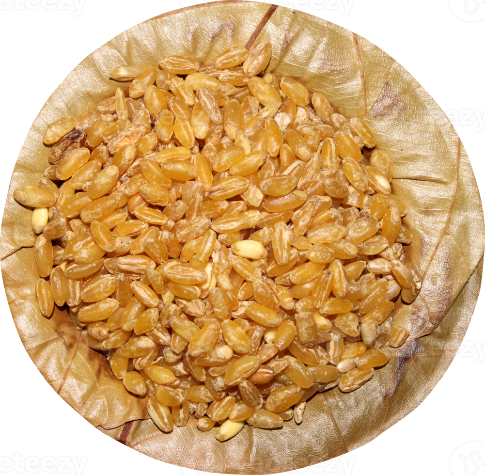 Wheat Grains on a Sal Tree Leaf Plate. png