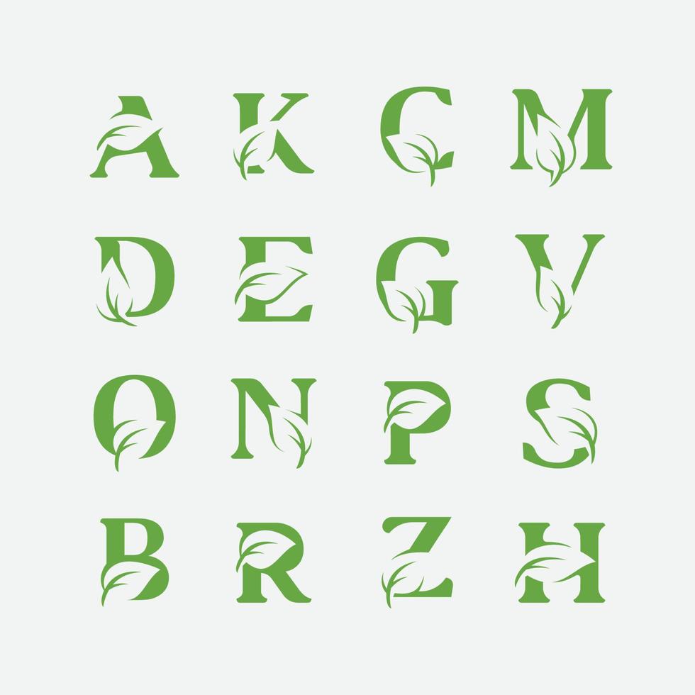 set of Vector green alphabet eco logo with leaves, Green Eco Alphabet Vector icon,set of initial with nature logo design inspiration.