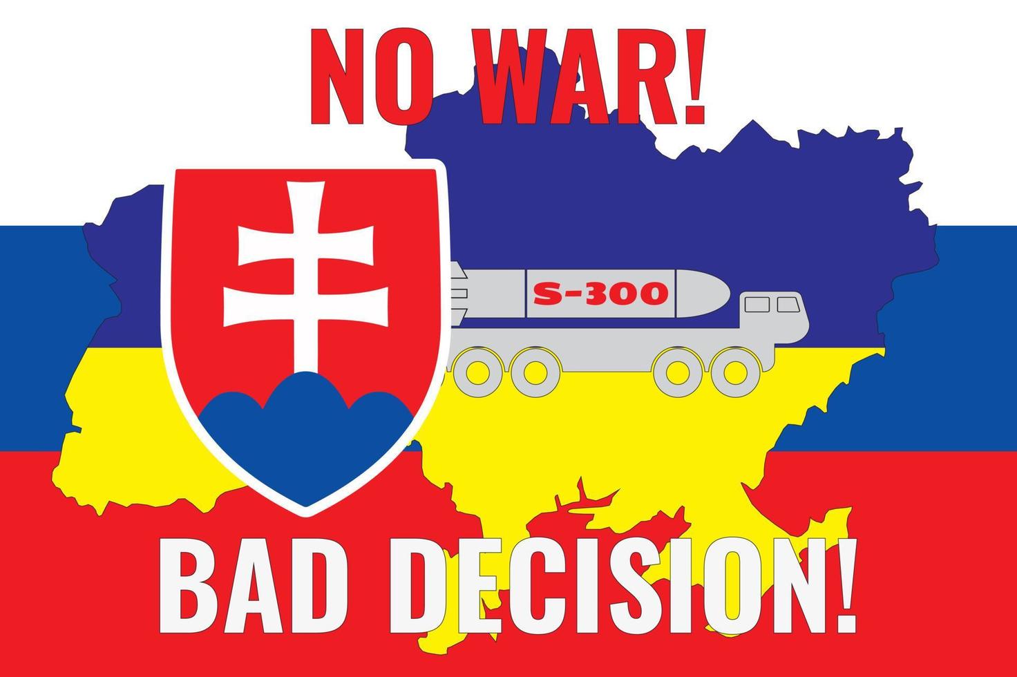 The contour of the map of Ukraine is painted in the colors of the flag of Ukraine on the flag of Slovakia and the installation of S-300.  inscription NO WAR and BAD DECISION vector