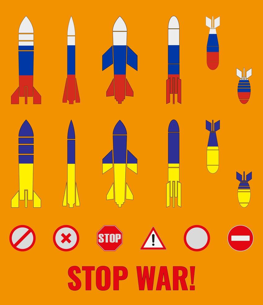 A set of icons of various bombs, rockets, painted in the colors of the flags of Ukraine and Russia and signs of anti-war symbols. Constructor. The inscription STOP WAR Vector illustration.