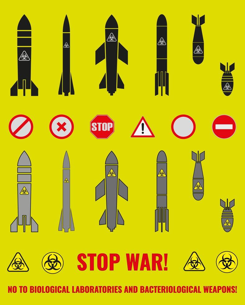conjunto de íconos de varias bombas, misiles y signos de símbolos contra la guerra. constructor. la inscripción detiene la guerra no a los laboratorios biológicos y la ilustración vectorial de armas bacteriológicas. vector