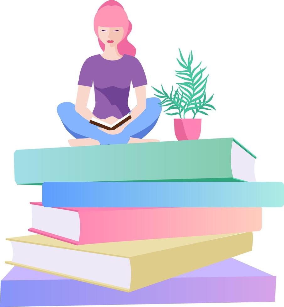 The girl is reading, sitting on a stack of large books. Studying in the library. Literature lovers, student, education concept, fair. Modern card for web design vector