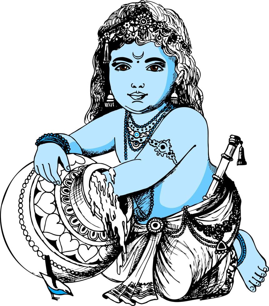 Krishna with a pot of butter. Greeting card for Krishna birthday. Vector illustration