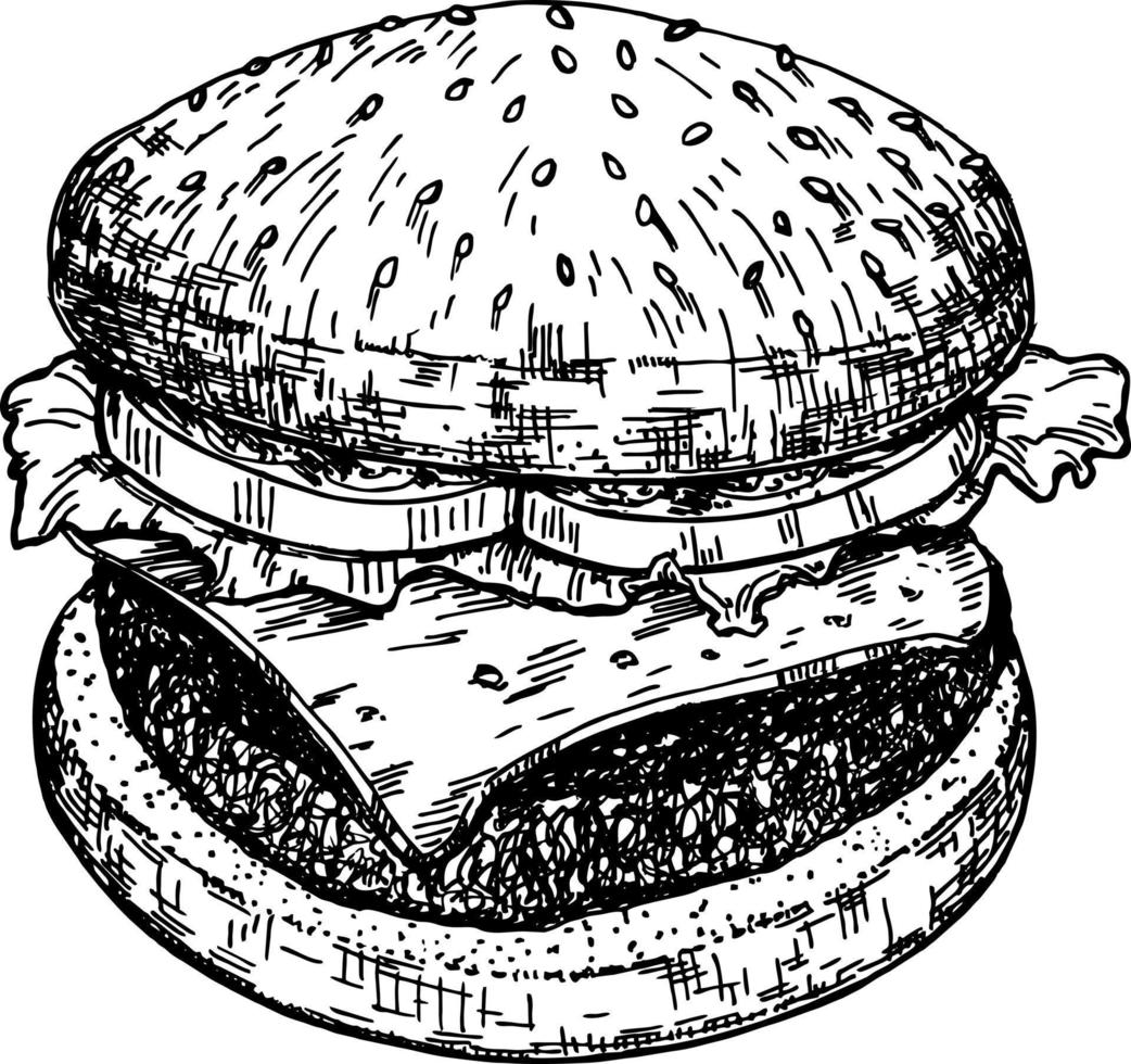 hamburguesa grande, hamburguesa. dibujo a mano dibujo vectorial estilo retro. hamburguesa hamburguesa con queso americana con lechuga tomate queso ternera y salsa vector