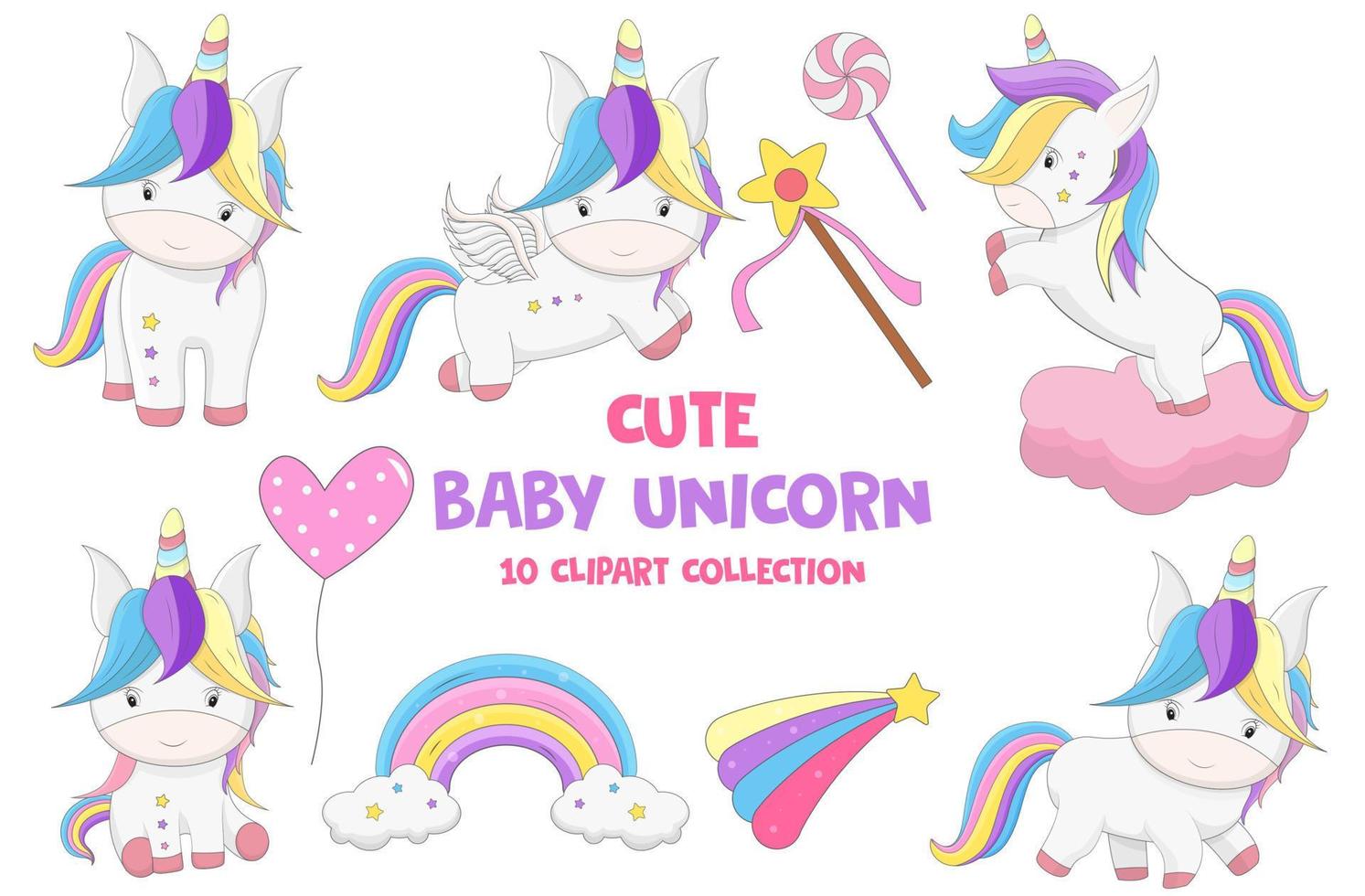 Collection of funny unicorns on a white background. Vector illustration