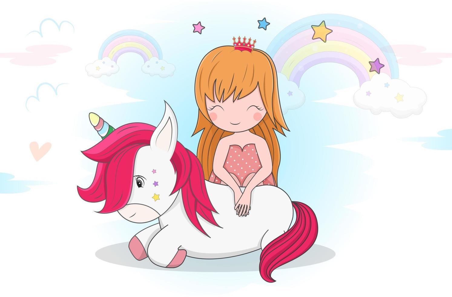 Cute little magical unicorn with princess Vector design on white background. Print for t-shirt.