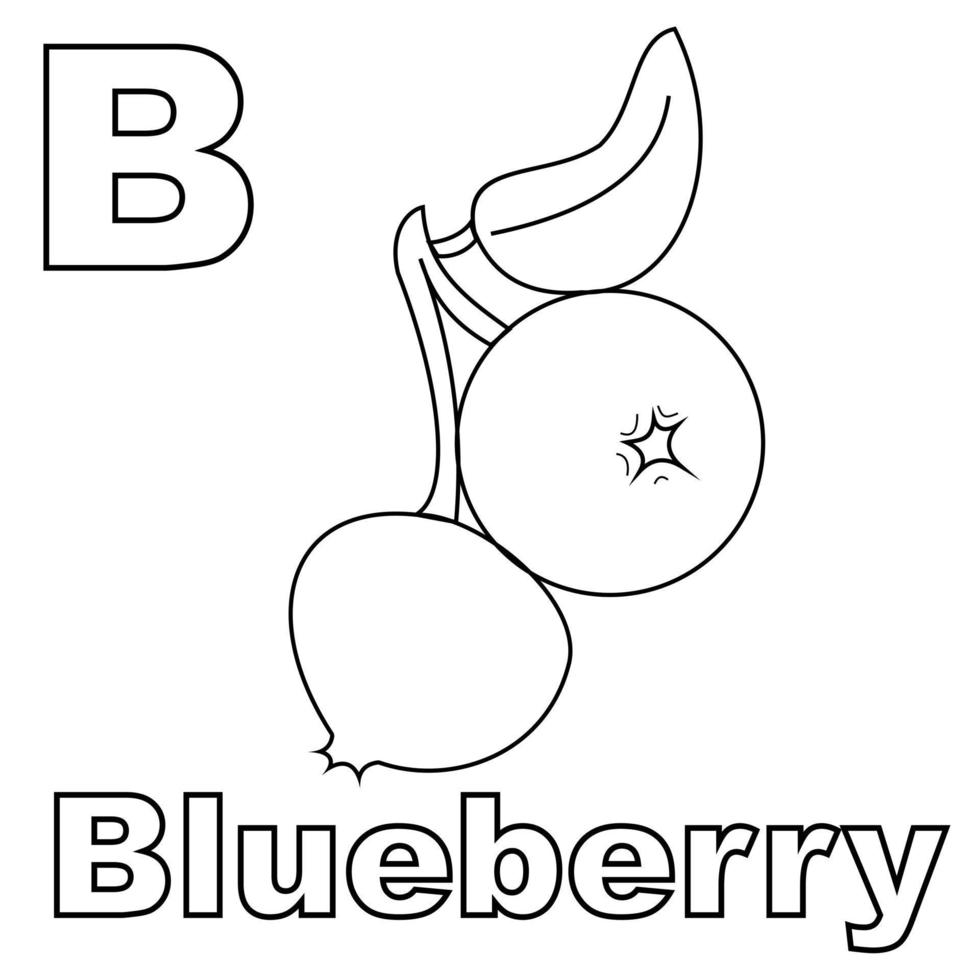Blueberries coloring page, with a big B to introduce letters to kids. Suitable for children's coloring books and letter recognition through blueberries. Editable vectors