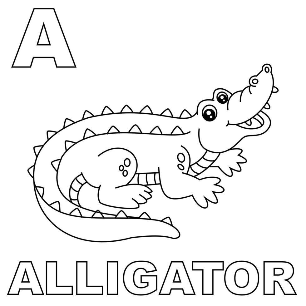 Alligator animal coloring page, with a capital A to introduce children to letters. Suitable for children's coloring books and letter recognition through alligator images. Editable vectors