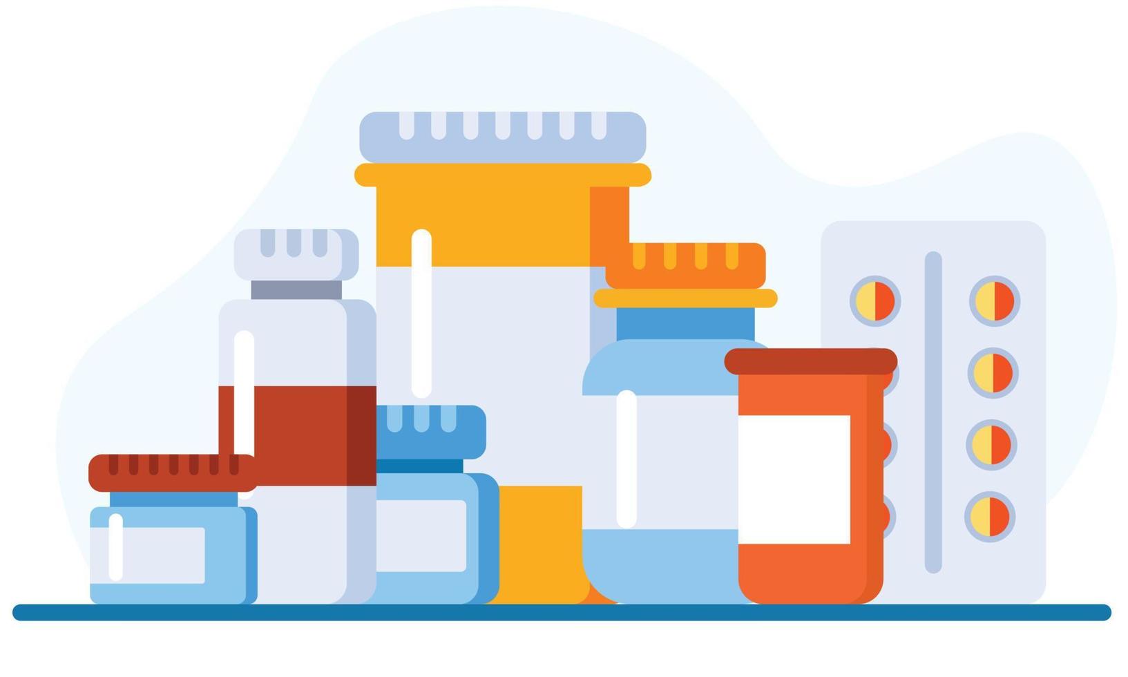 medicina, concepto de farmacia. droga, medicación conjunto de iconos. ilustración vectorial gráfico de la página de destino del sitio web vector