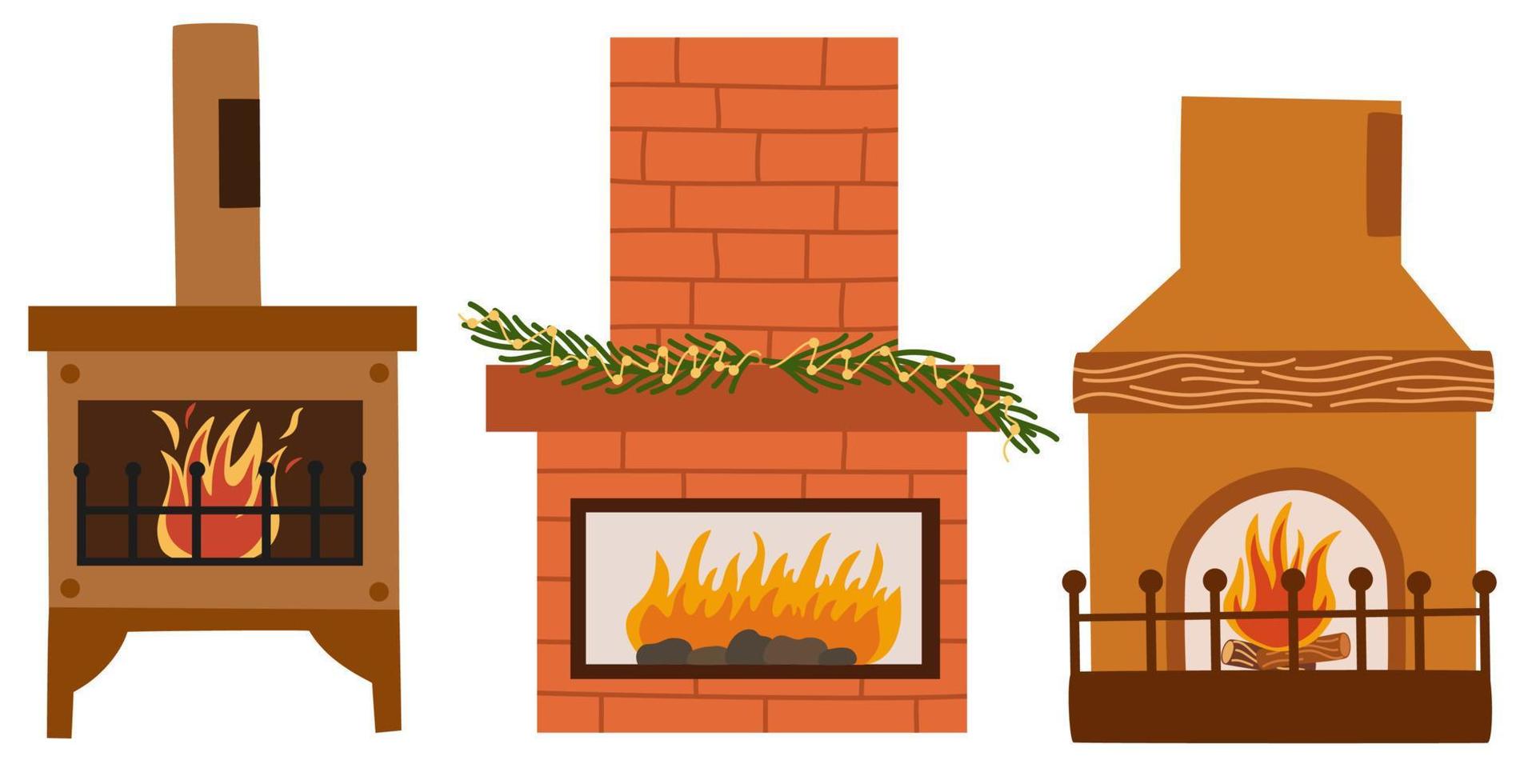 colección de chimeneas navideñas. chimeneas caseras con calcetines, medias, regalos, velas, abetos y decoración navideña. hogares cálidos y acogedores con decoración de vacaciones de invierno. ilustraciones vectoriales aisladas en blanco vector