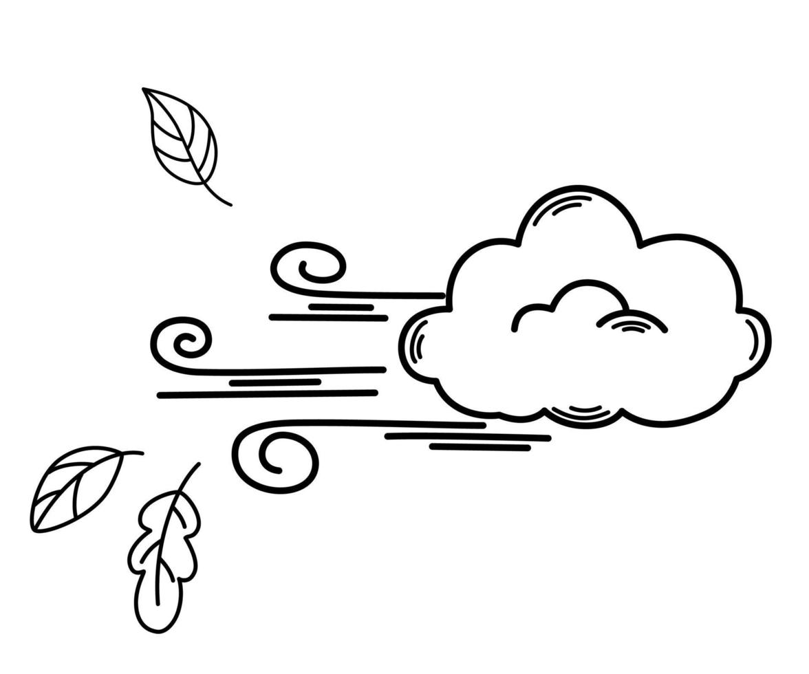 Wind with leaves. Windy weather. Weather forecast for the autumn season, meteorology. Forecasting wind speed and strength. Line art. Vector illustration in doodle style isolated