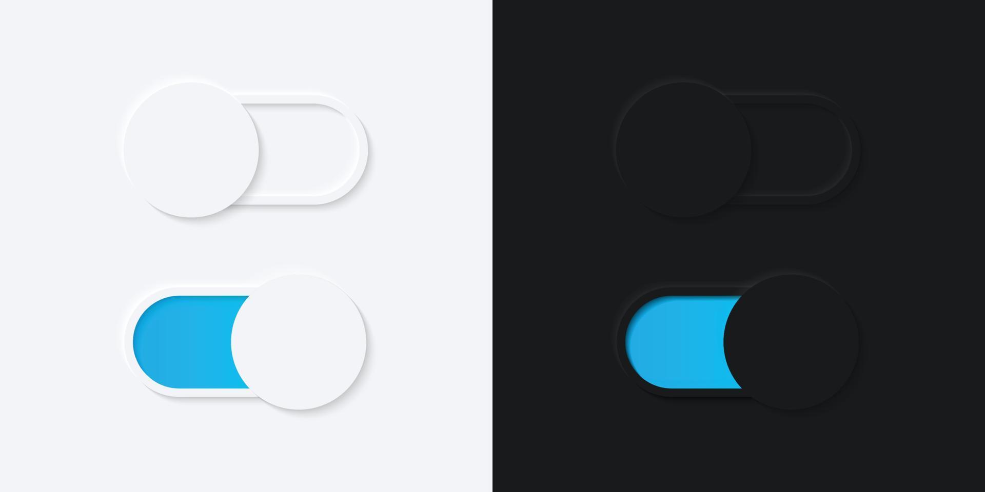 Minimalist Switch Button in Neumorphism Design. Simple, modern and elegant. Smooth and soft 3D user interface. Light mode and Dark Mode. For website or apps design. Vector Illustration.