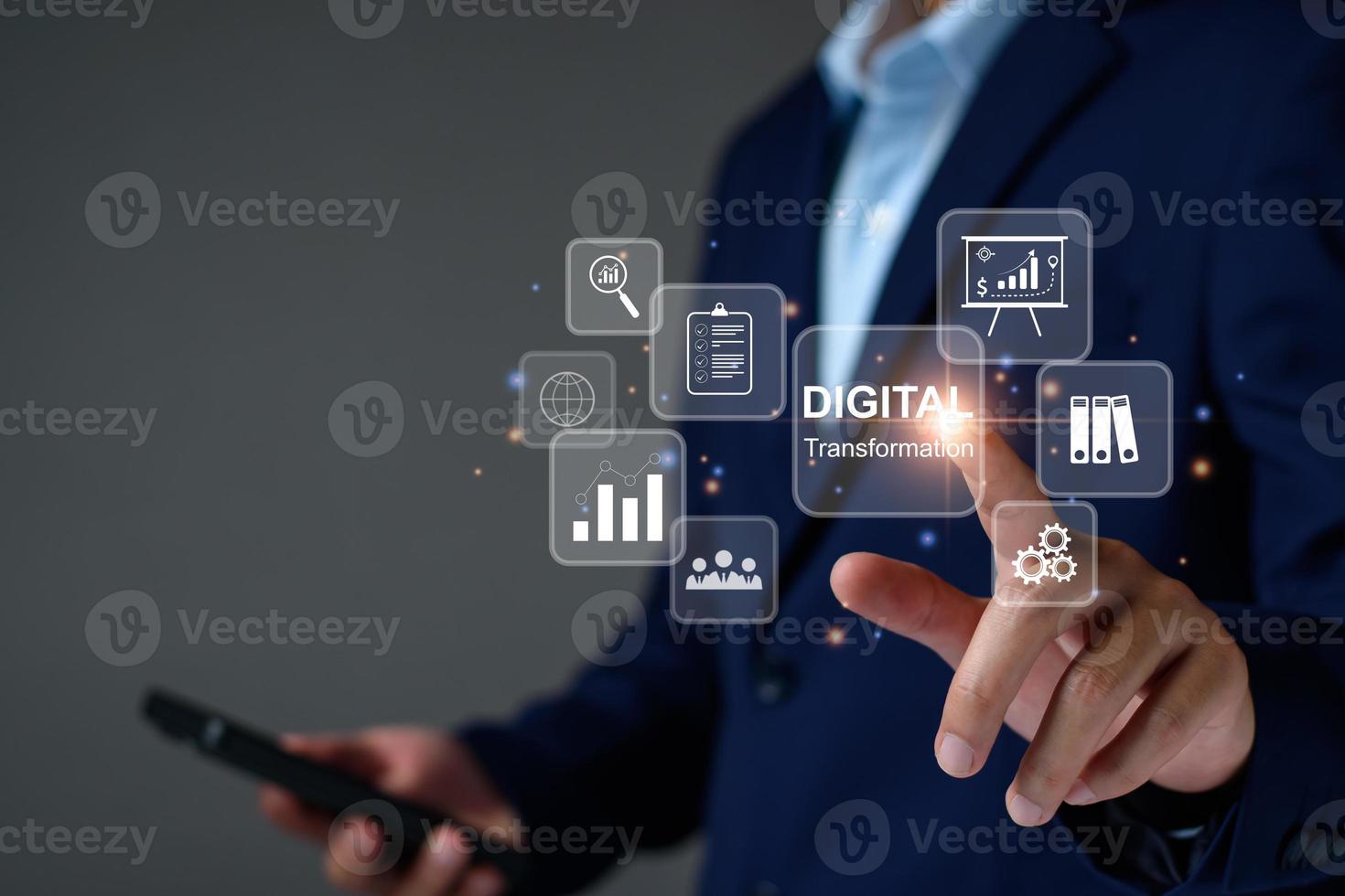 Digital transformation technology strategy, digitization and digitalization of business processes and data, optimize and automate operations, business service management, internet and cloud computing. photo