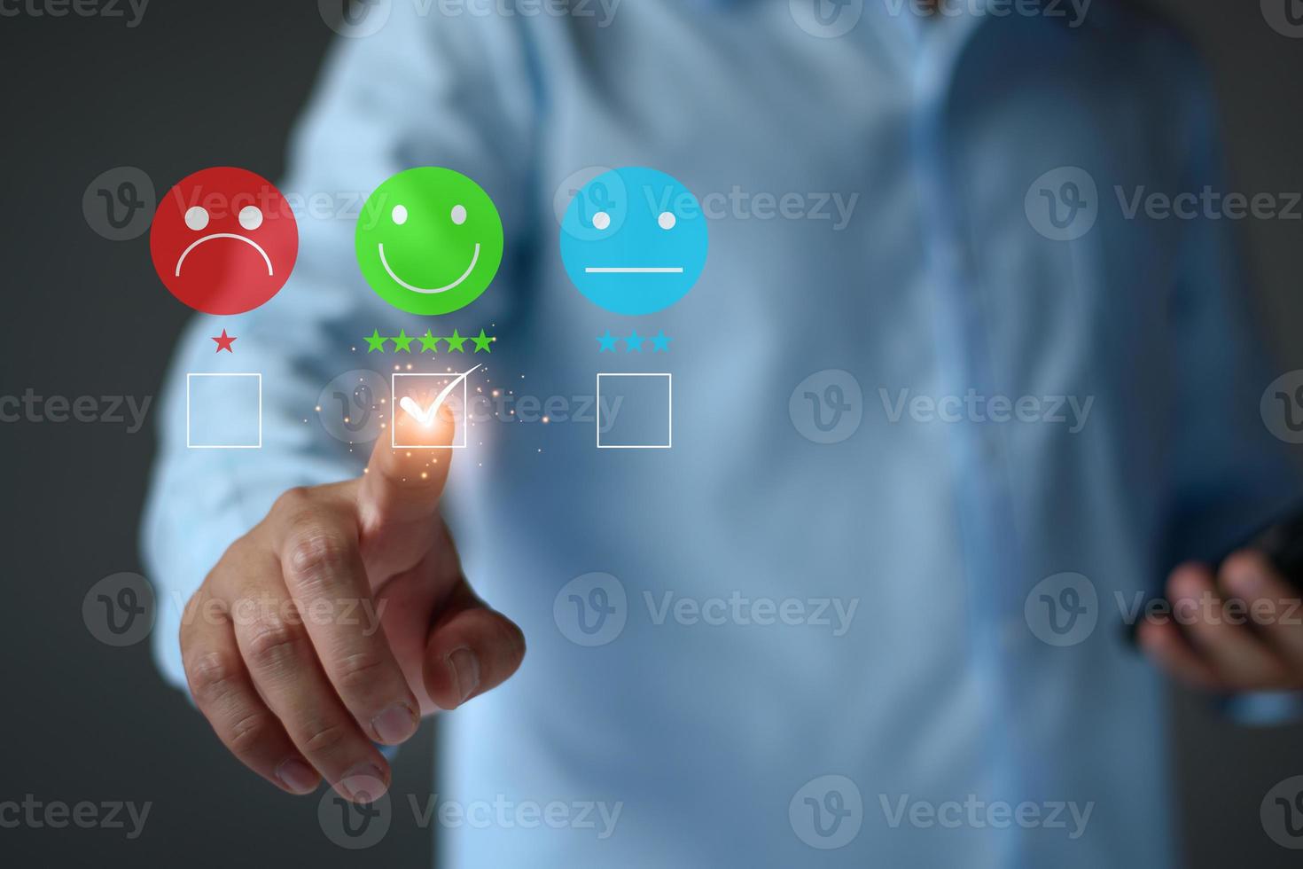 Customer satisfaction survey. Customer Satisfaction Rating, Smiley Emoji, Happy Customer, Good Service, Positive Rating, Happy Service, Five Star Service. Virtual touch screen, futuristic technology. photo