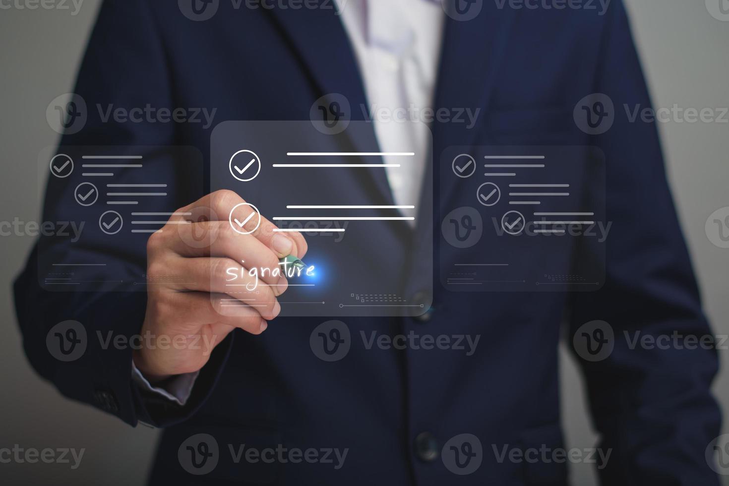Electronic signature business concept. Manager is electronic sign an agreement on tablet, business approved, executing plan, project approved. digital signature. electronic document, digital business photo