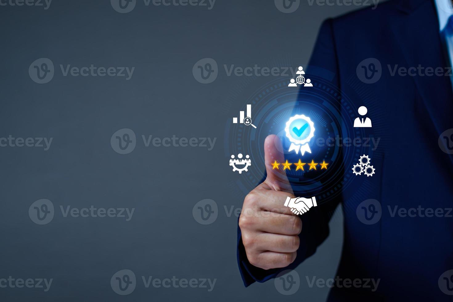 Quality Assurance Concept. Business people show high quality assurance mark, good service, premium, digital signature, premium service assurance, excellence service, high quality, excellence guarantee photo