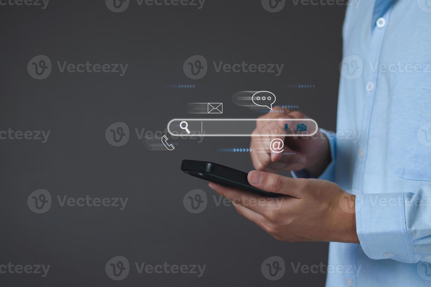 Search engine optimization, SEO, Searching Browsing Internet Data Information Networking Concept, Businessman use smartphone for find data on networking, copy space. photo