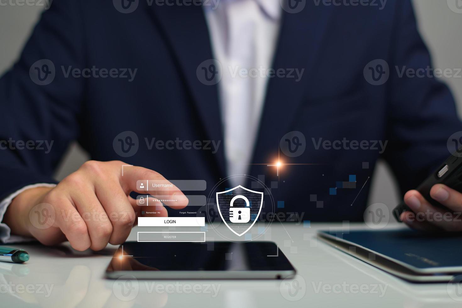 Cyber security concept. Businessman login access business sensitive information, data security, secure company internet network, hack protection, fingerprint scanner, cyber space, business security photo