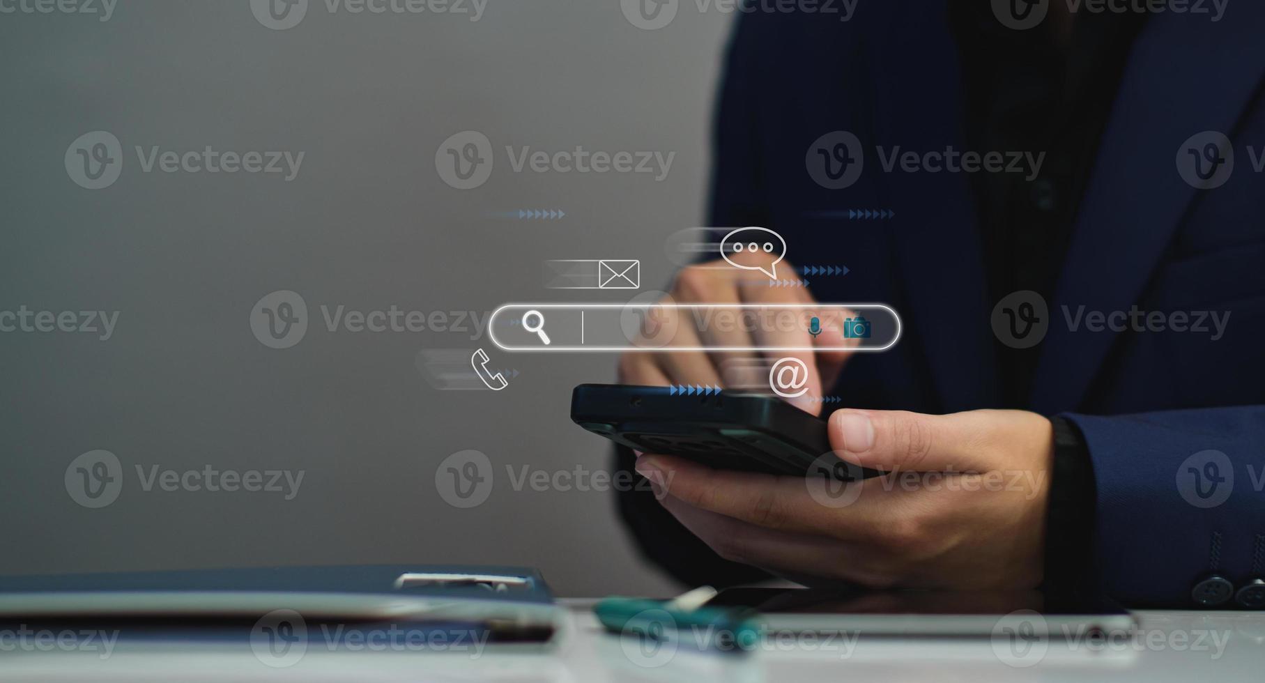 Search engine optimization, SEO, Searching Browsing Internet Data Information Networking Concept, Businessman use smartphone for find data on networking, copy space. photo