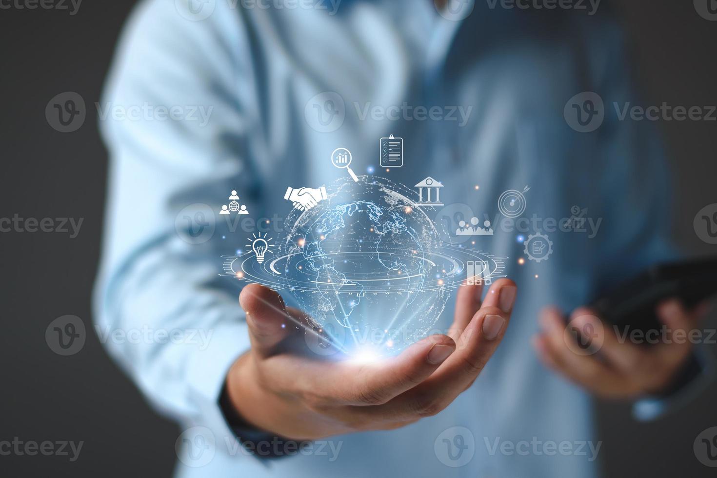 Digital business internet connection online network. Businessman access digital online global business, technology, long term investment plan, financial stability, global marketing analysis photo
