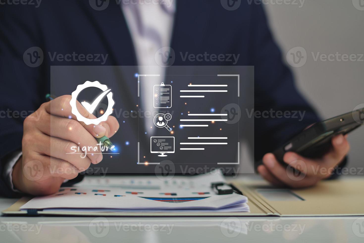Quality Assurance Concept. Business people show high quality assurance mark, good service, premium, digital signature, premium service assurance, excellence service, high quality, excellence guarantee photo