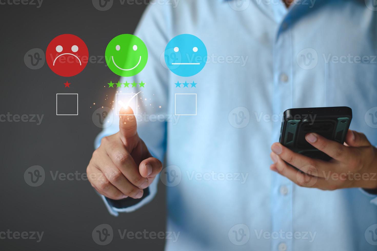 Customer satisfaction survey. Customer Satisfaction Rating, Smiley Emoji, Happy Customer, Good Service, Positive Rating, Happy Service, Five Star Service. Virtual touch screen, futuristic technology. photo