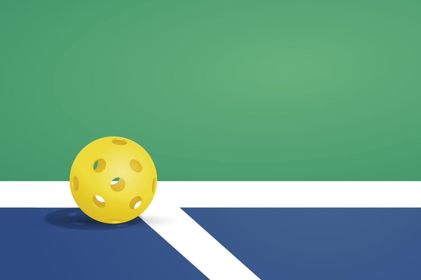 fondo de pickleball con una bola amarilla sobre la línea de campo. fondo de pickleball con espacio negativo para poner tu texto. ideal para carteles, volantes, pancartas, etc. vector