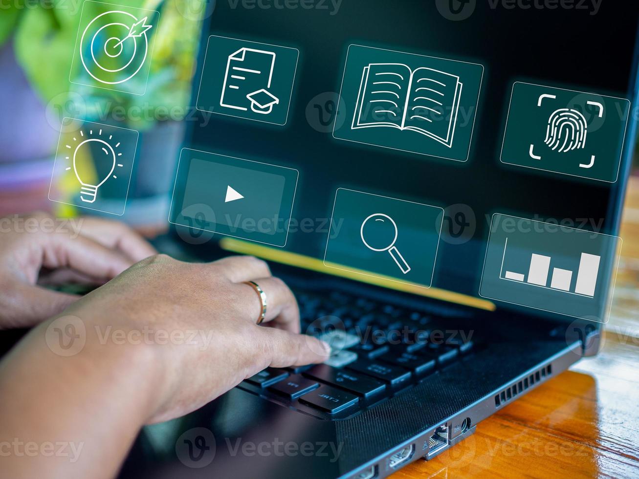 Human hand working on computer. business concept and communication technology photo