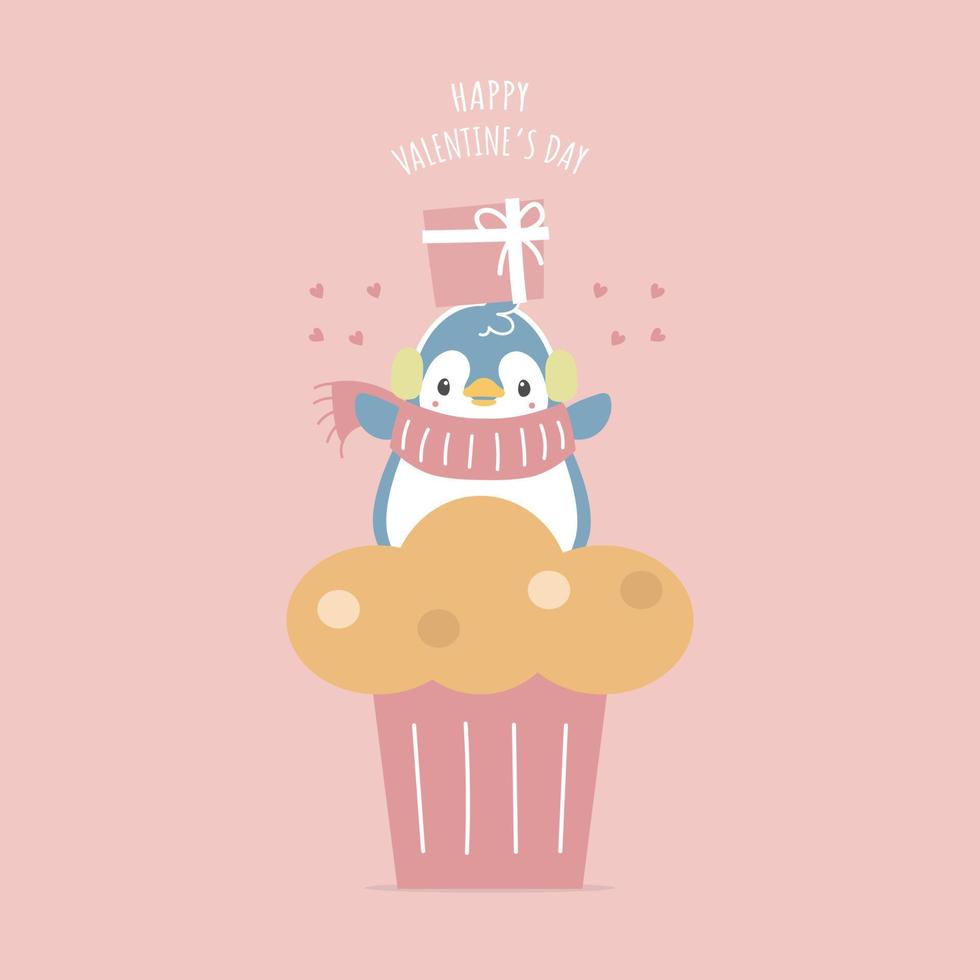 cute and lovely hand drawn penguin holding gift and cupcake with heart, happy valentine's day, love concept, flat vector illustration cartoon character costume design