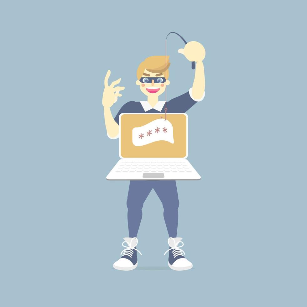 hacker scammer online stealing password with computer note book laptop, phishing cyber crime concept, flat vector illustration character cartoon design clip art