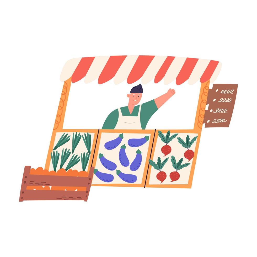 Puesto de mercado con frutas y verduras orgánicas frescas, ilustración vectorial plana aislada en fondo blanco. hombre feliz en delantal y har saludando y saludando con la mano. concepto de mercado local. vector