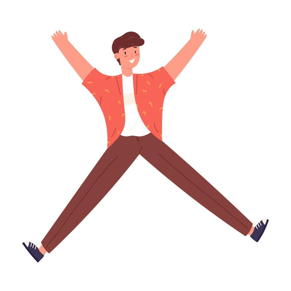 feliz joven saltando, ilustración vectorial plana aislada en fondo blanco. conceptos de éxito, libertad y juventud. carácter alegre con cara sonriente. persona ganadora. vector