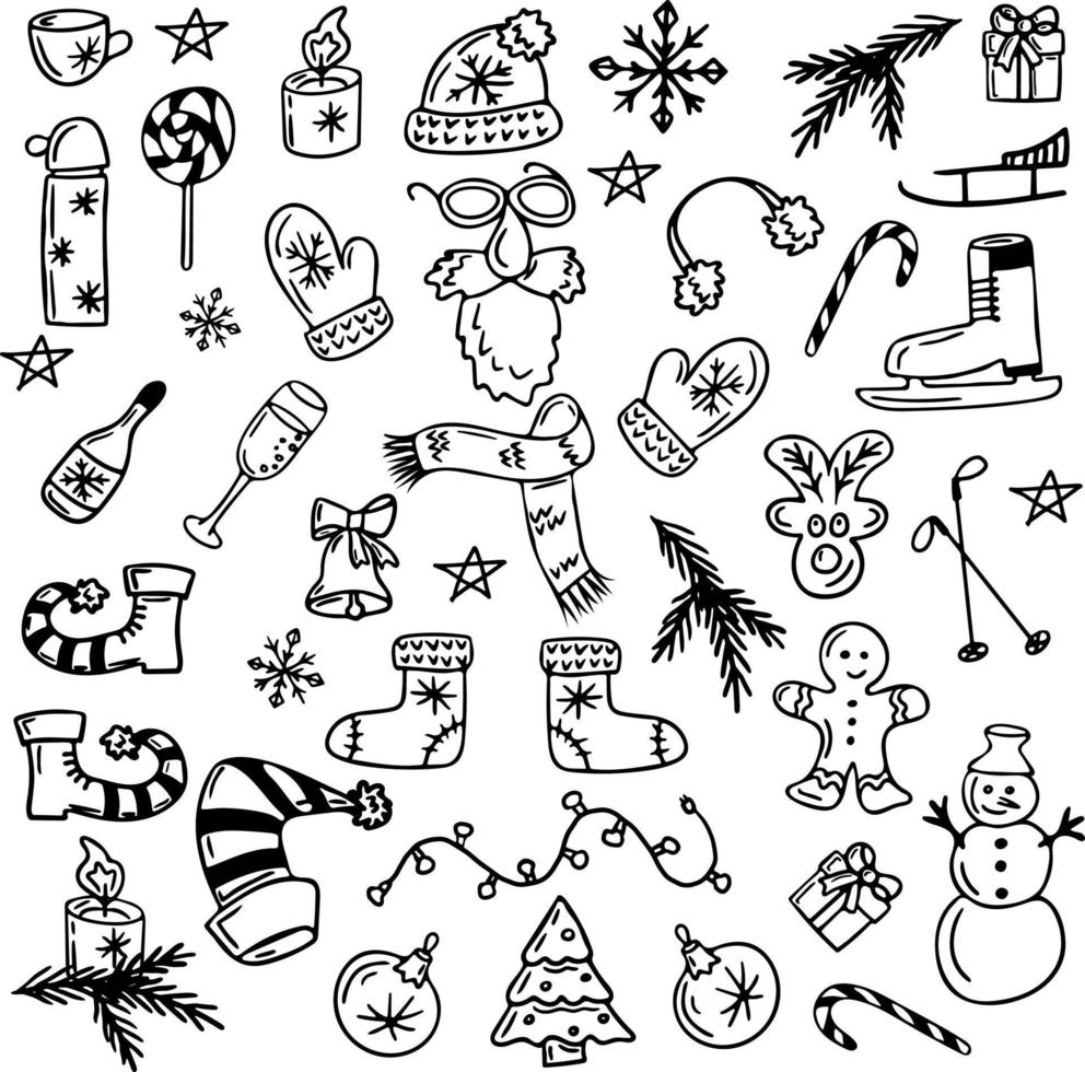 Christmas cute hand drawn design icon set in doodle style. Isolated vector illustration