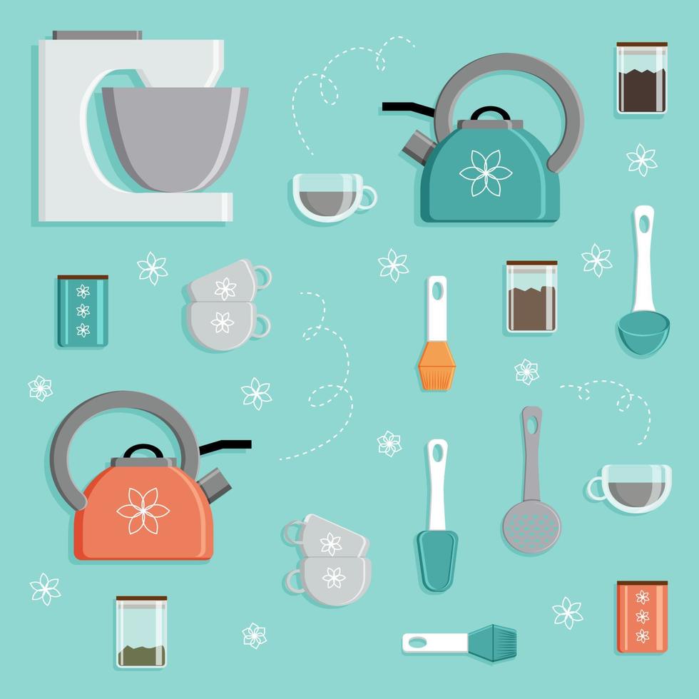 utensilios de cocina acogedores aislados en colores verde, blanco y naranja en el fondo aguamarina. íconos de teteras, tazas, frascos, procesador de alimentos, palas, ilustración en estilo plano. vector