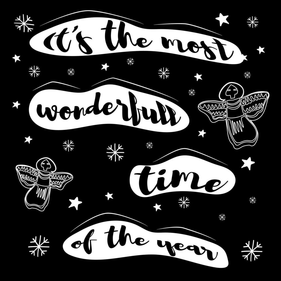 Its the most wonderful time of the year lettering phrase on the black background with angels and snowflakes. Vector isolated illustration, banner, card, pattern