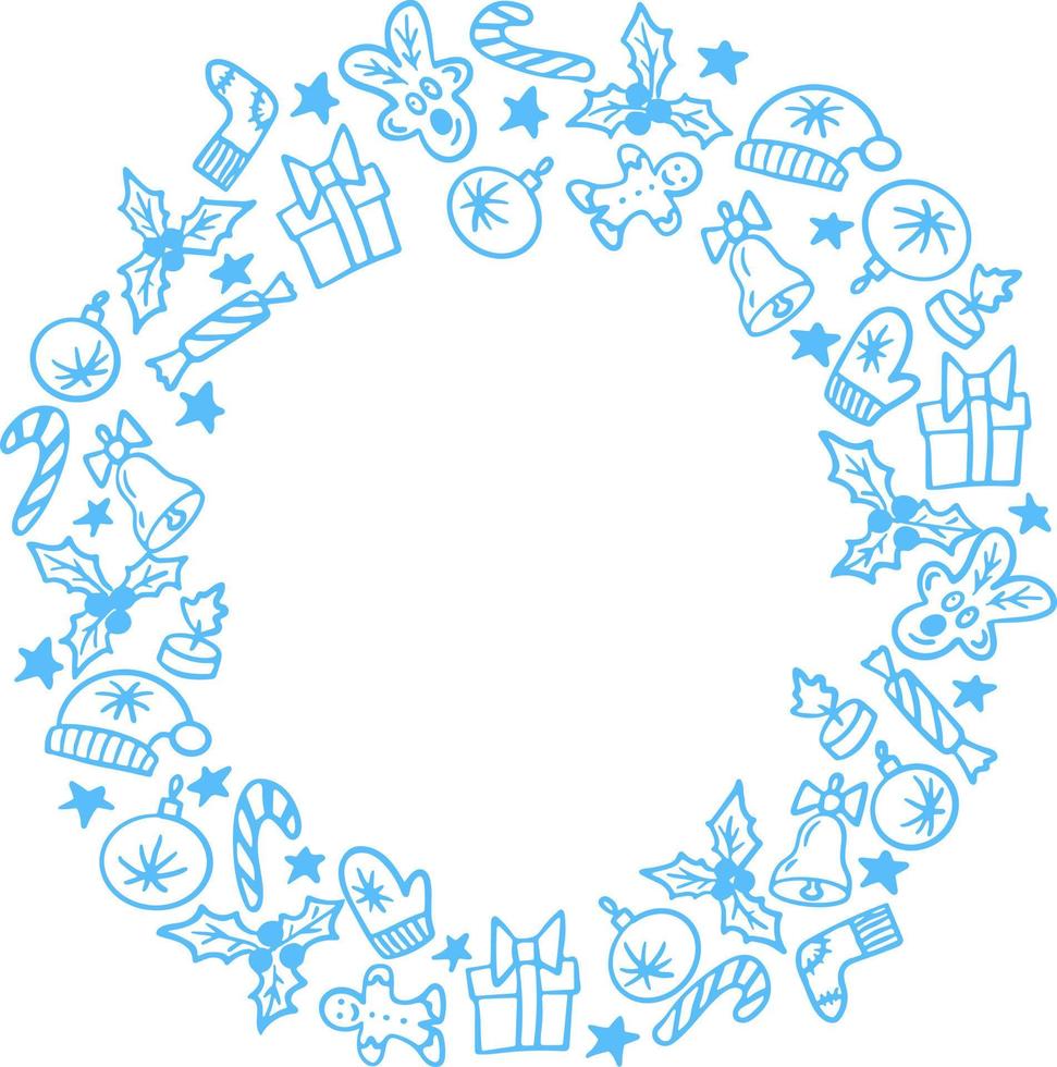 tarjeta de corona dibujada a mano de navidad en color azul hecha de divertidos garabatos. fondo de navidad vectorial aislado, conjunto de iconos. vector