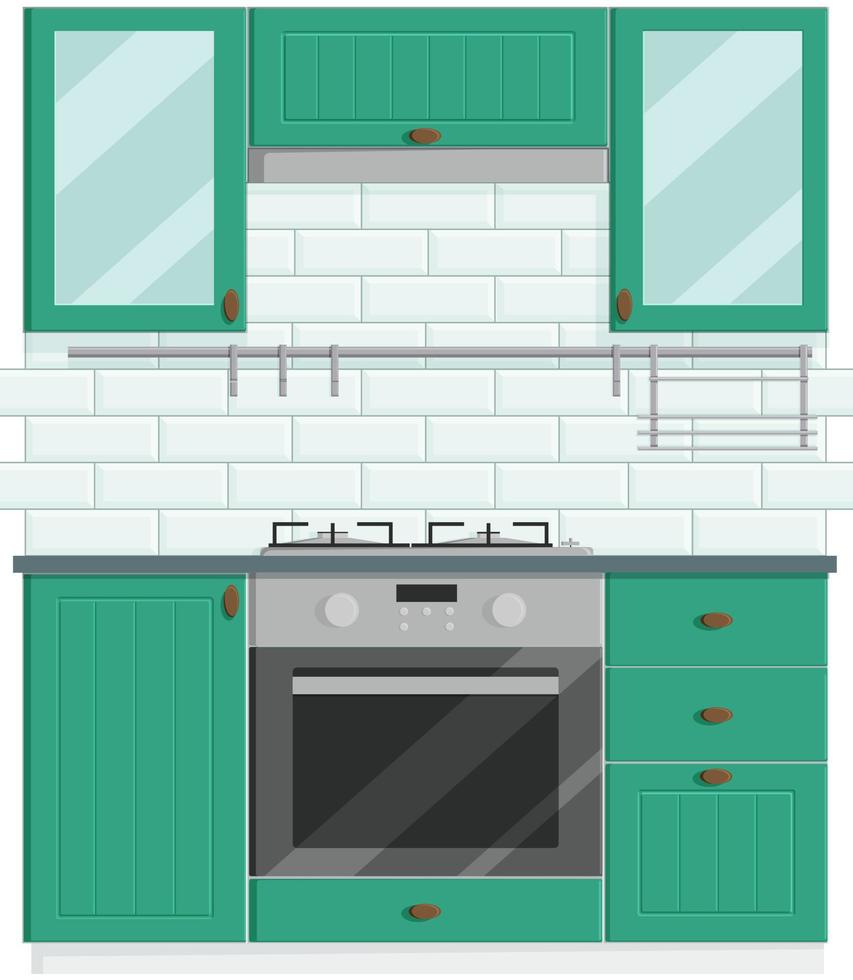 Cosy modern sap green kitchen concept. Kitchen set with gas stove and oven and with white titles on the baskground. Interior design vector illustration in flat style