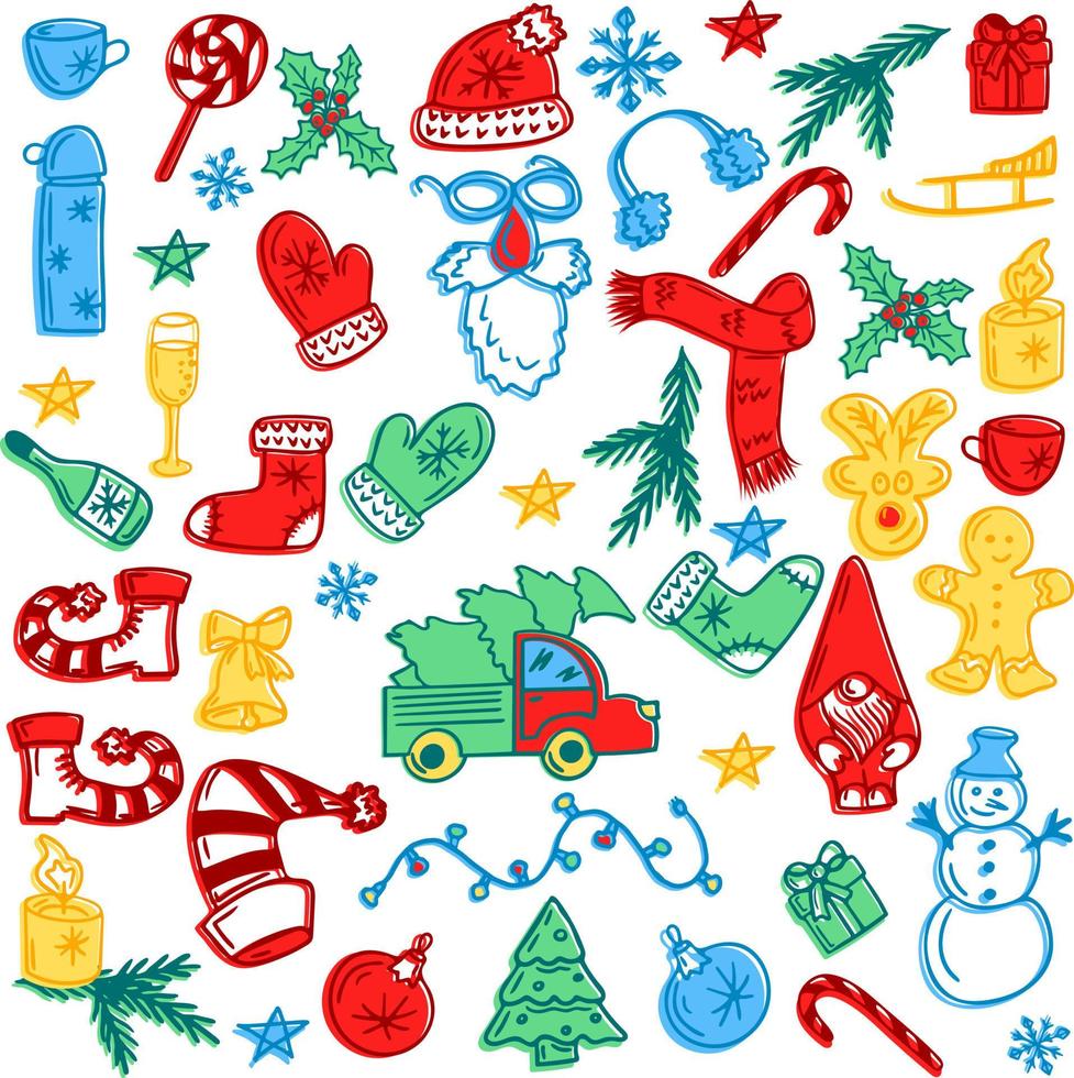 Cute christmas hand drawn icons collection with colored doodle style. Isolated vector illustration