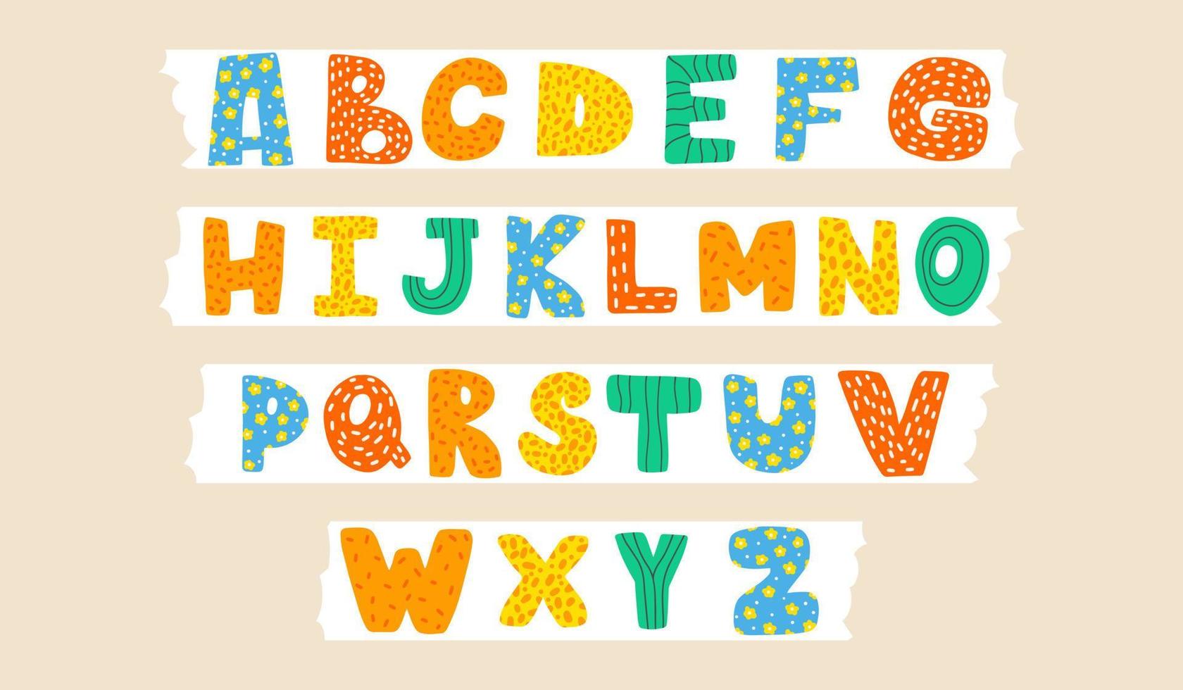 Cute childish latin font or cool english alphabet decorated with dots and scribbles. Hand drawn vector illustration.