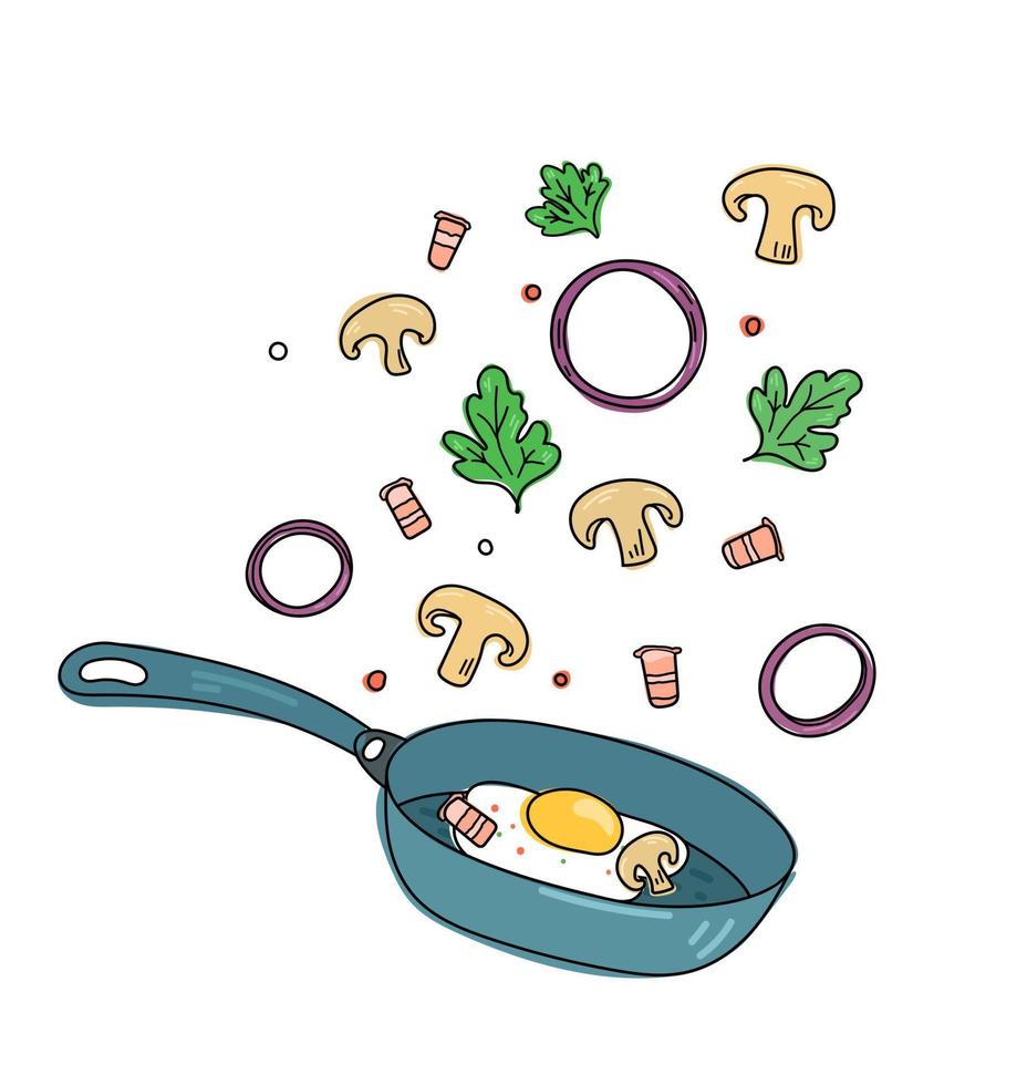 Illustration of a fried egg recipe with vegetables. Bacon and eggs in doodle style vector
